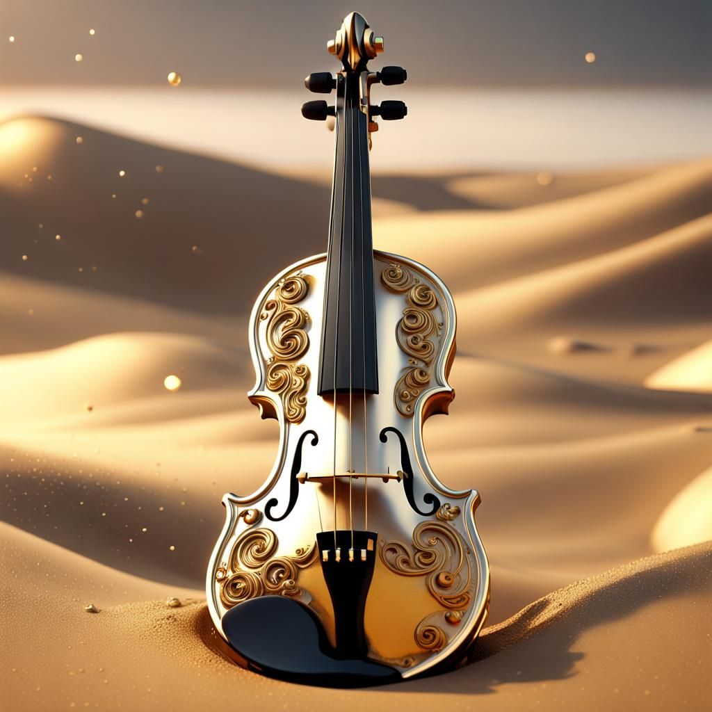 Golden Violin in Sand Dune, Futuristic Sci-Fi Art