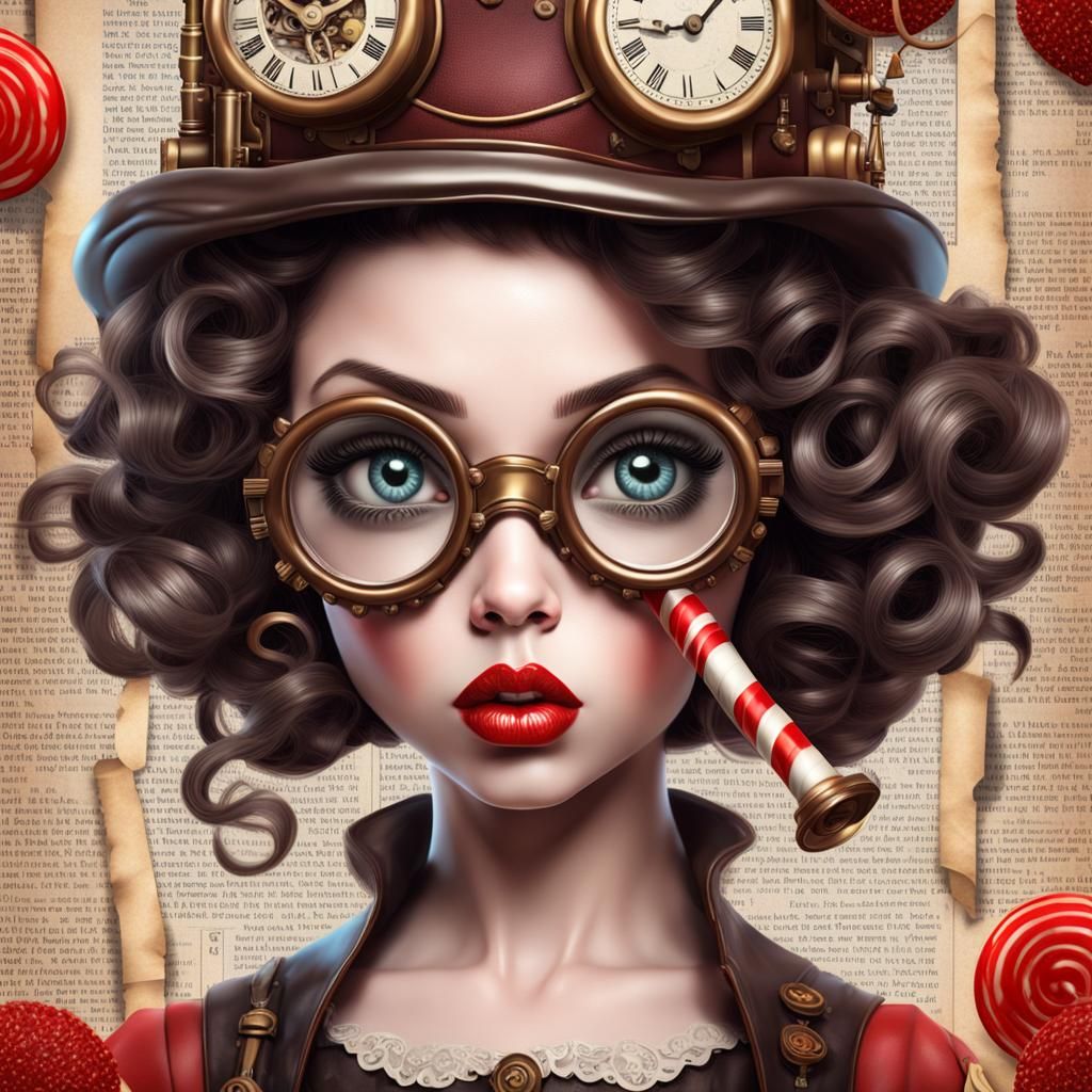 Steampunk Pinup Girl Portrait in 3D Newspaper Style