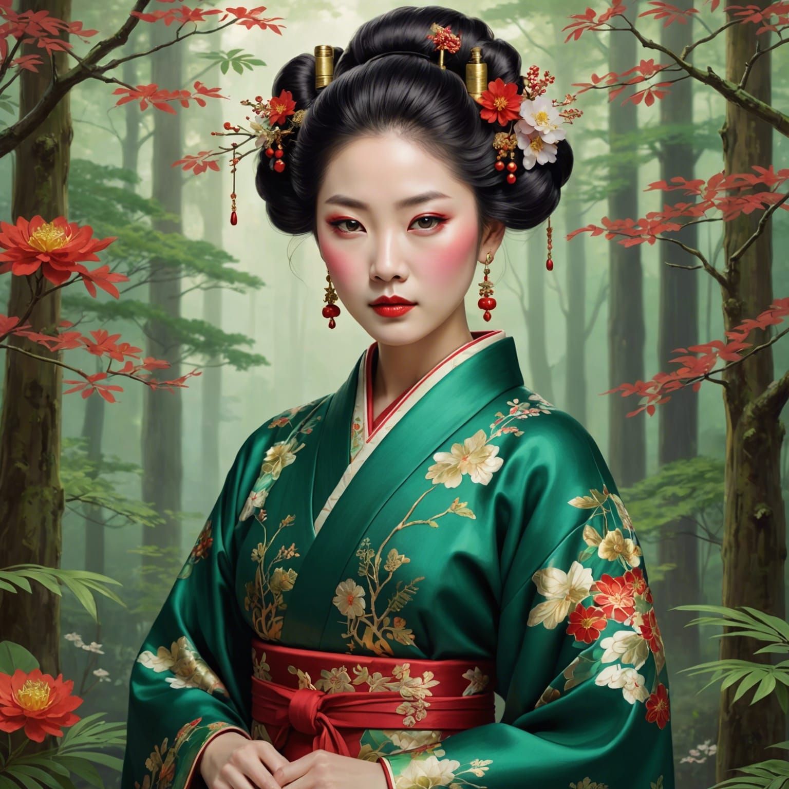 Ethereal Asian Woman in Mystical Forest Digital Painting