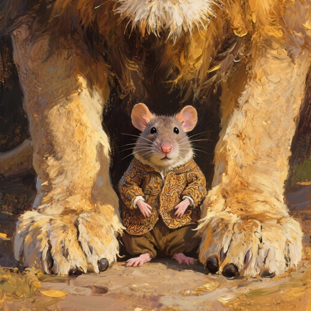 Mouse and Lion in Impasto Oil Painting Style