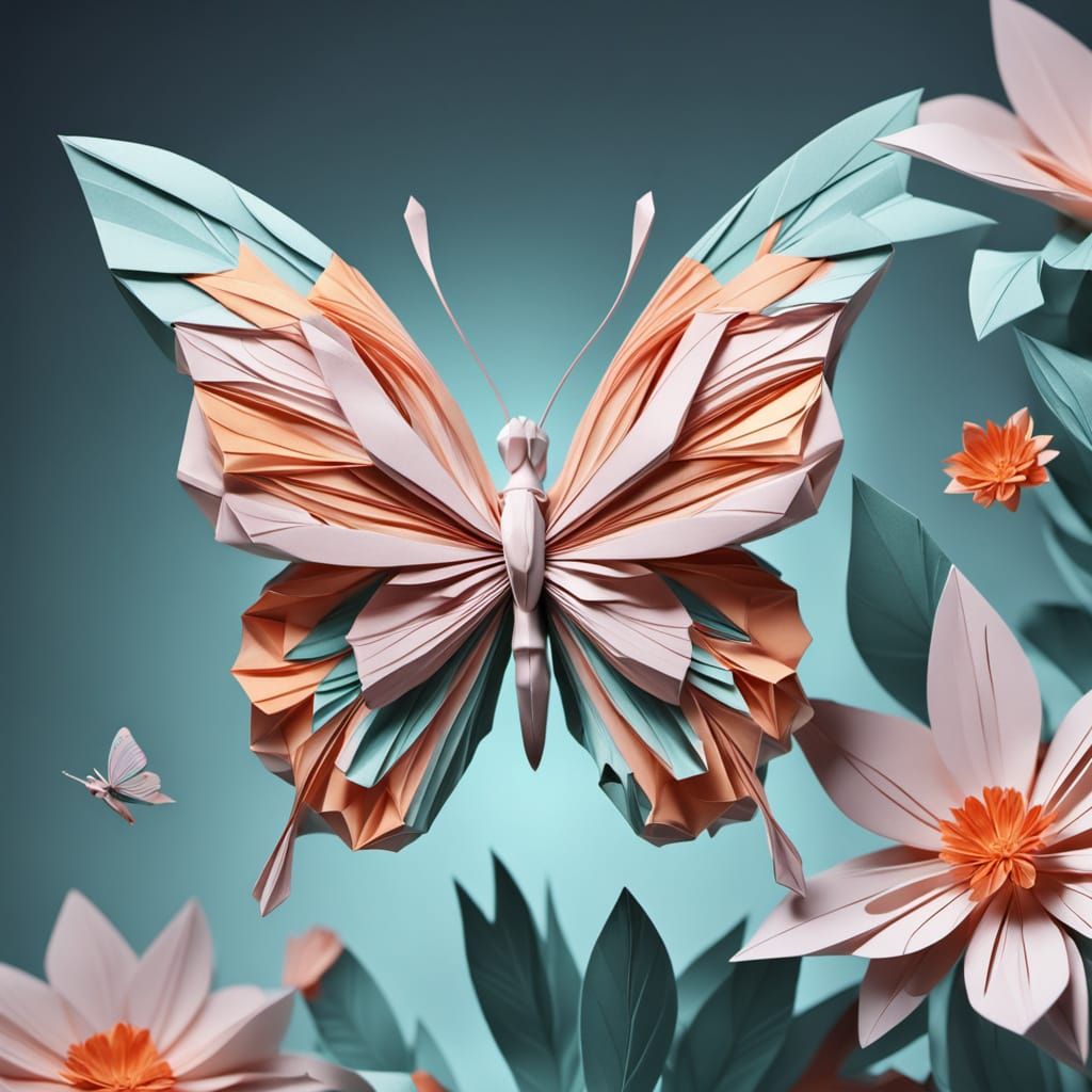 Origami Flower and Butterfly in Hyper-Realistic Digital Art