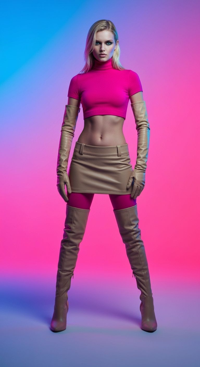 Fashion Model in Pink and Beige 80s Style