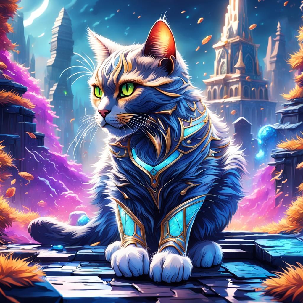 Focused Young Cat Ready to Pounce: Digital Art