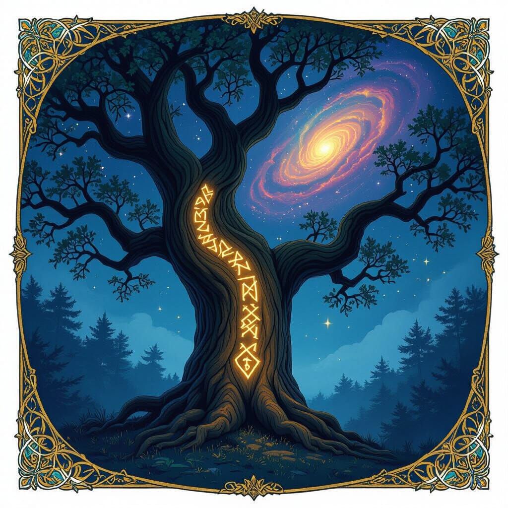 Ancient Oak Tree with Glowing Runes in Starlit Forest