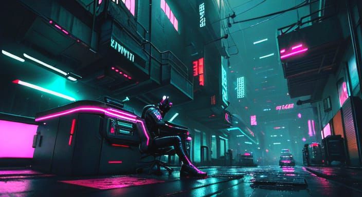 Cyberpunk Alleyway Hacker in Neon-Lit Futurism