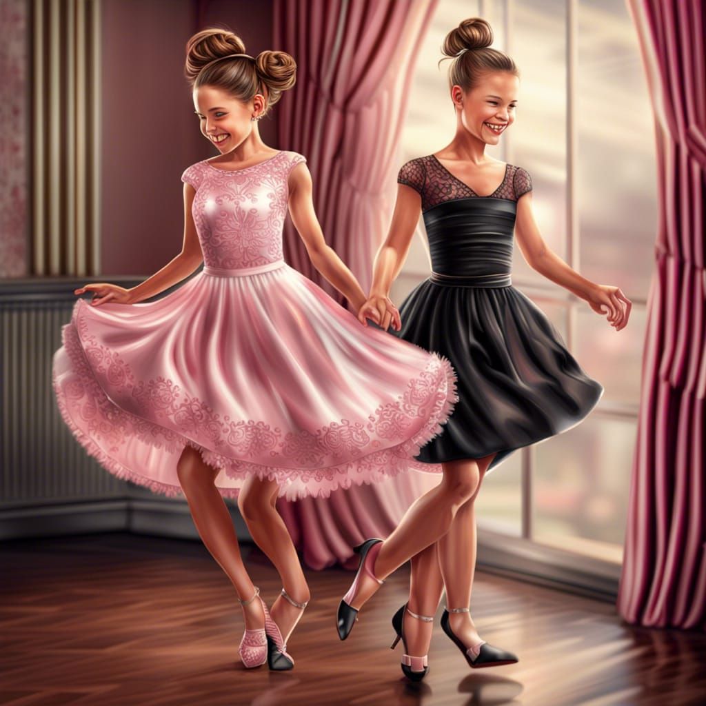Two Girls Dancing Waltz in Hyperrealistic Style