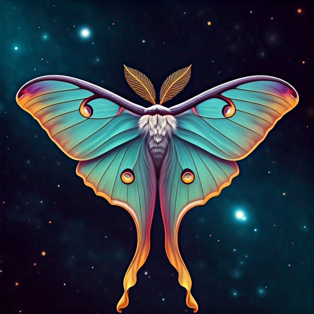 Cosmic Luna Moth in Dreamlike Watercolor Landscape