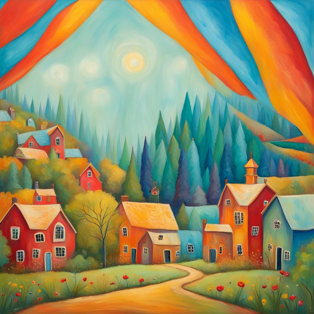 Vibrant Folk Art Illustration in Pastel Impasto