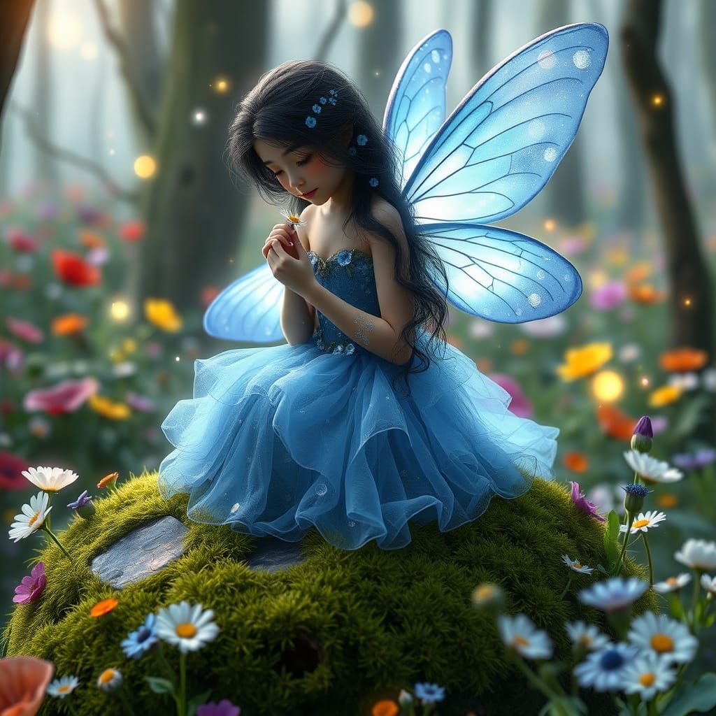 Ethereal Bluebell Fairy in a Vibrant Forest Scene