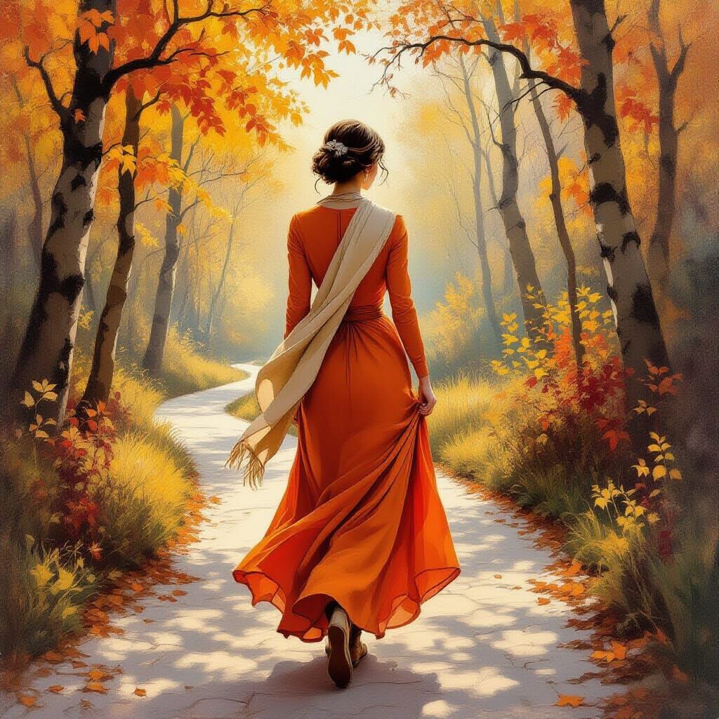 Elegant Woman in Autumn Forest, Art Nouveau Style