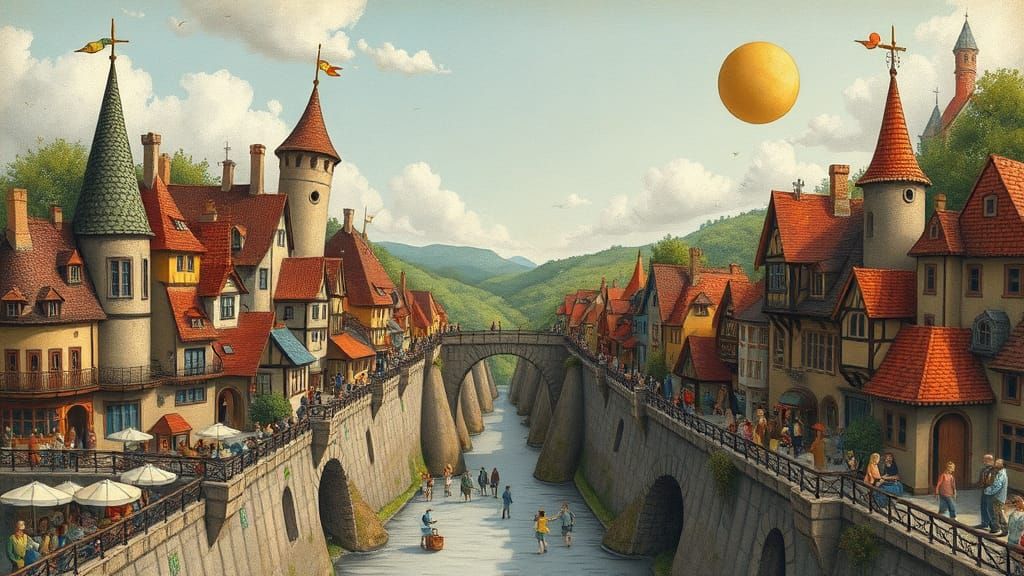Whimsical Village Scenes in a Fantastical Landscape