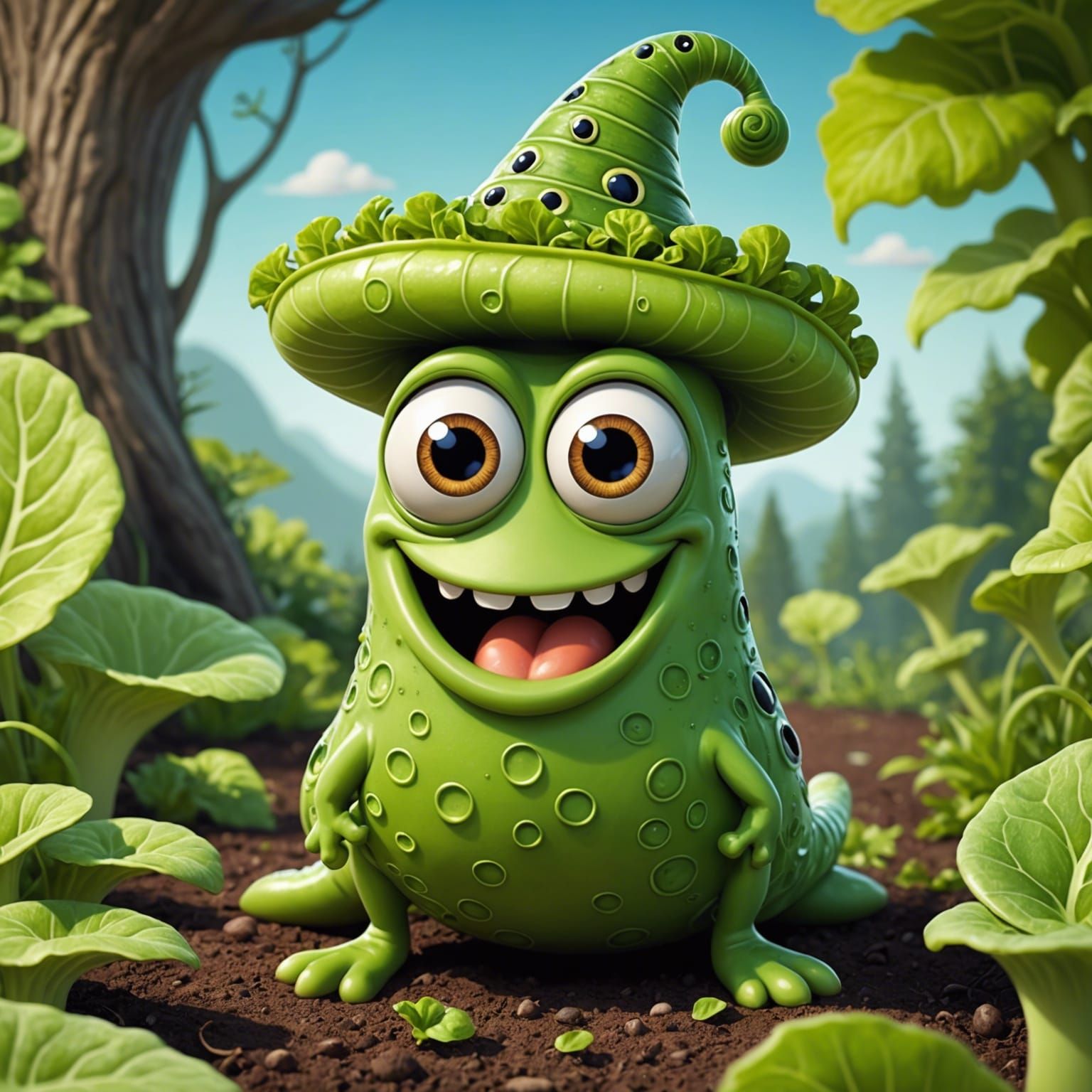 Cartoon Slug with Lettuce in Fantasy Garden