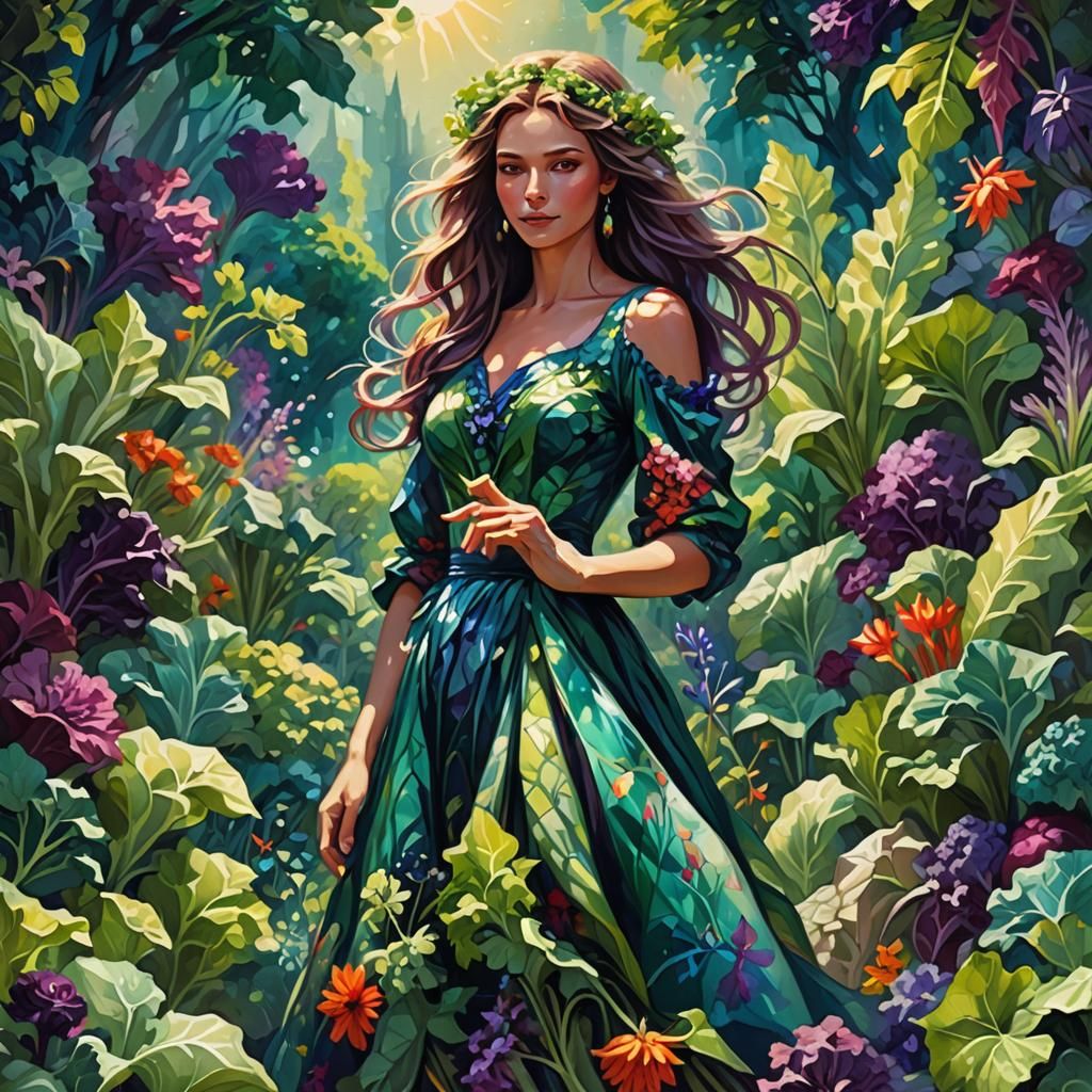 Woman in Lush Garden: Vibrant Fantasy Art