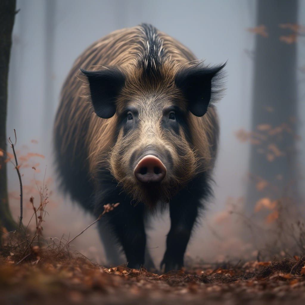 Wild Boar Portrait in Misty Forest