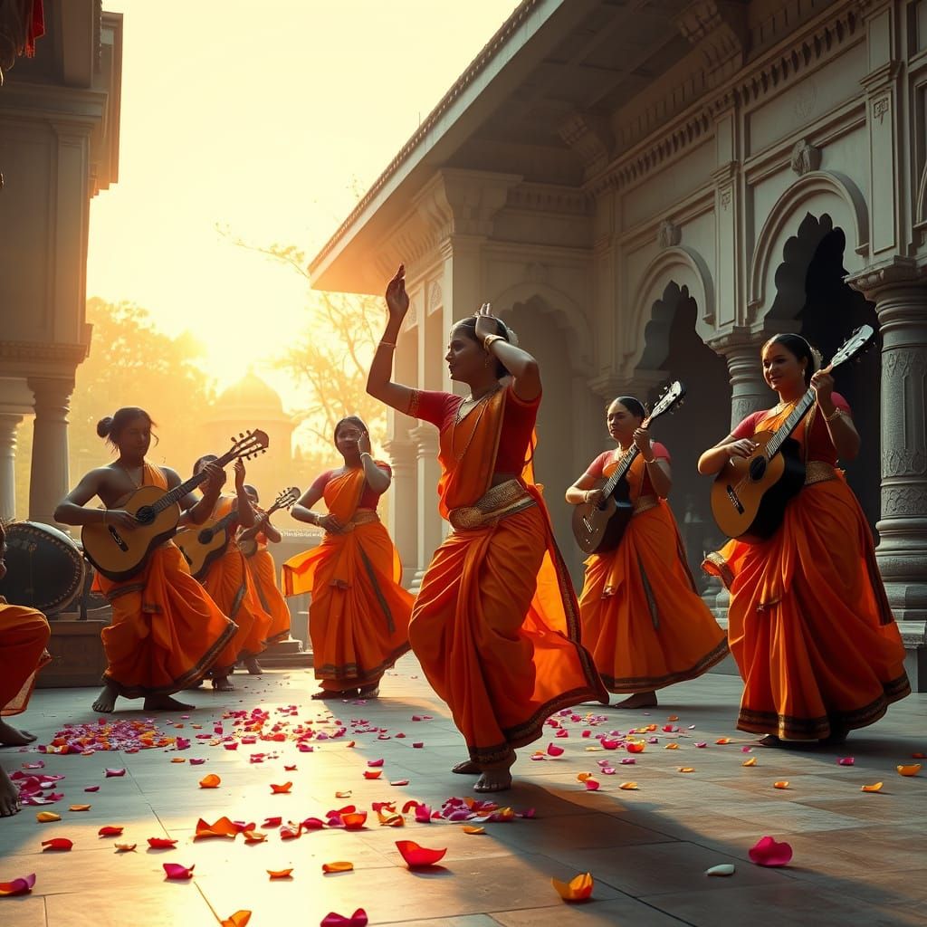 Bharatanatyam Dancers in Saffron Robes at Sunrise Temple