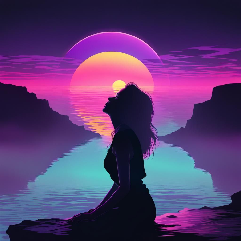 Surreal Silhouette: Girl Sinking in Synthwave Sea