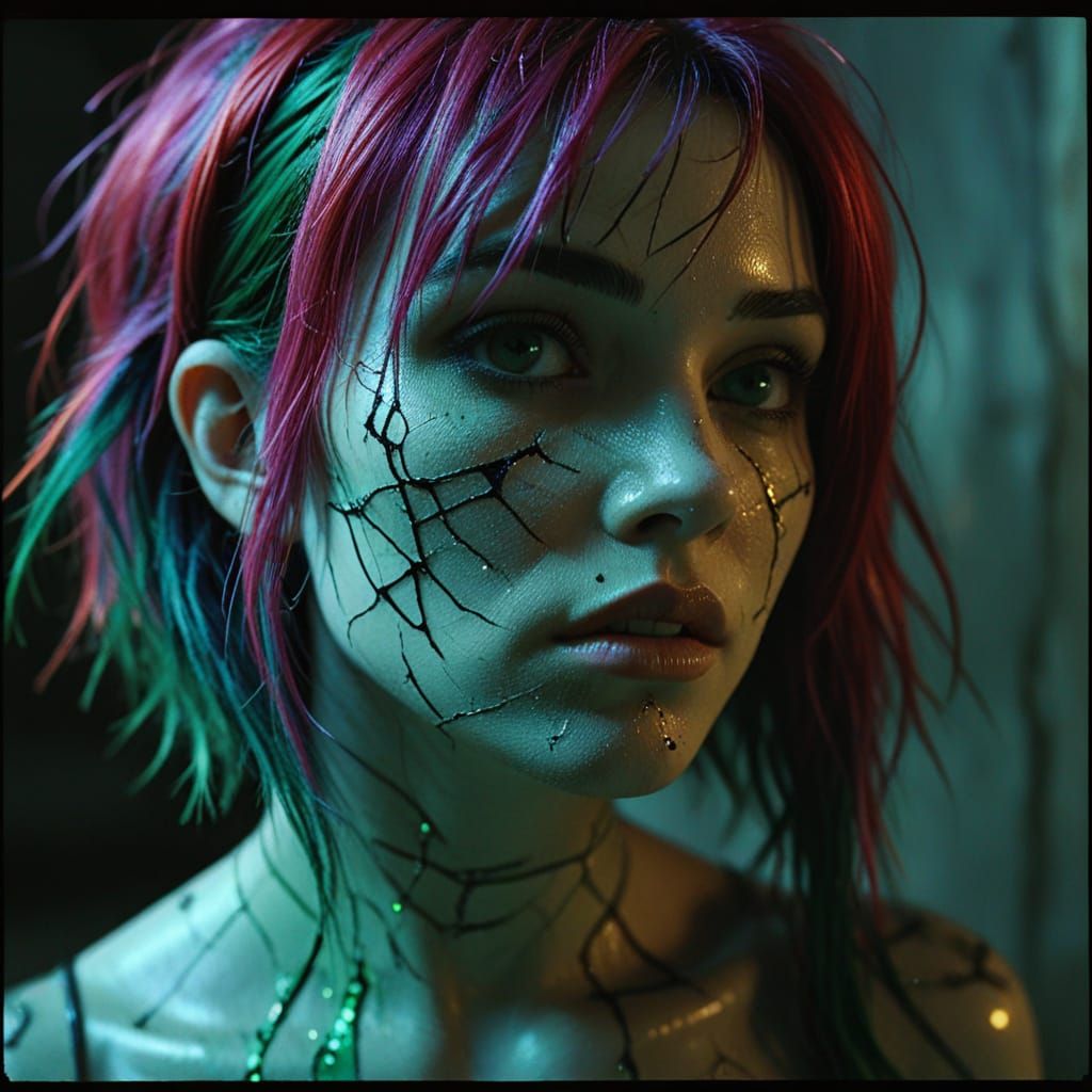 Cinematic Goth Girl with Cracked Porcelain Skin