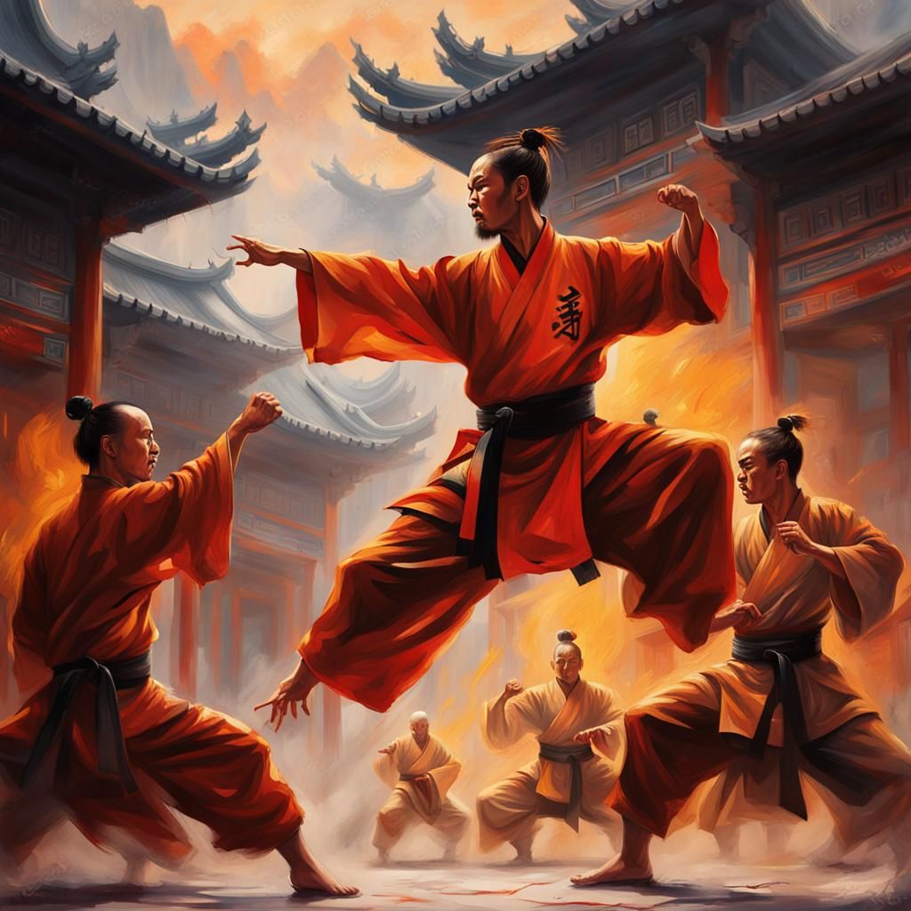 Kung Fu Warriors in Misty Temple, Oil Painting