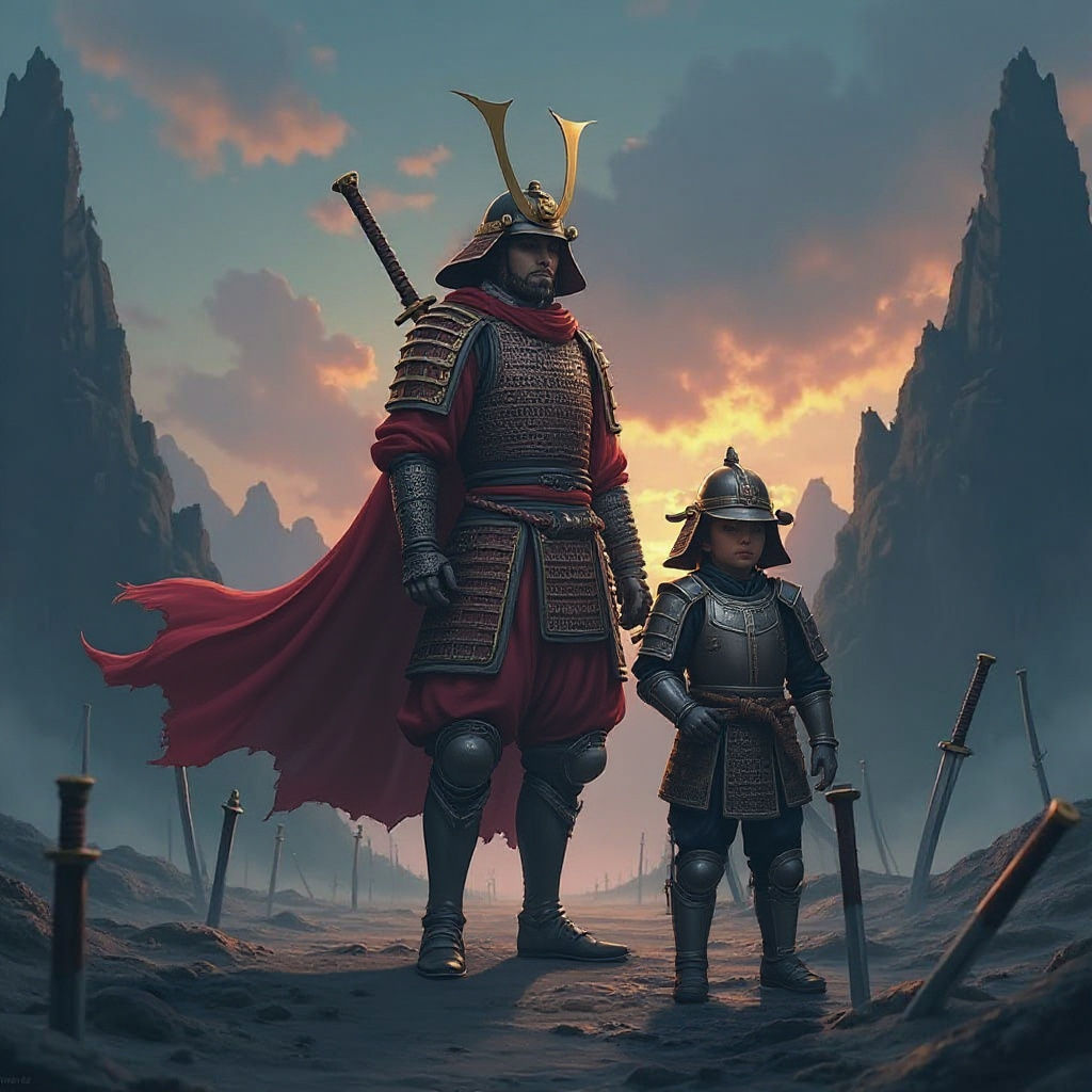 Anime Samurai in Desolate Post-Battle Landscape