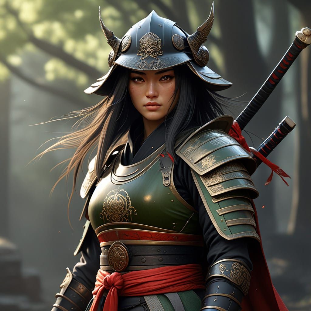 Japanese Samurai Warrior in Black Armor with Crescent Helmet