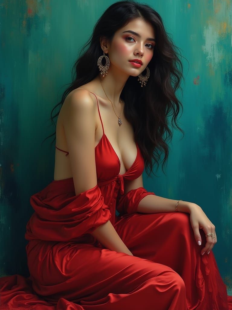 Impressionistic Portrait of a Serene Woman in Red