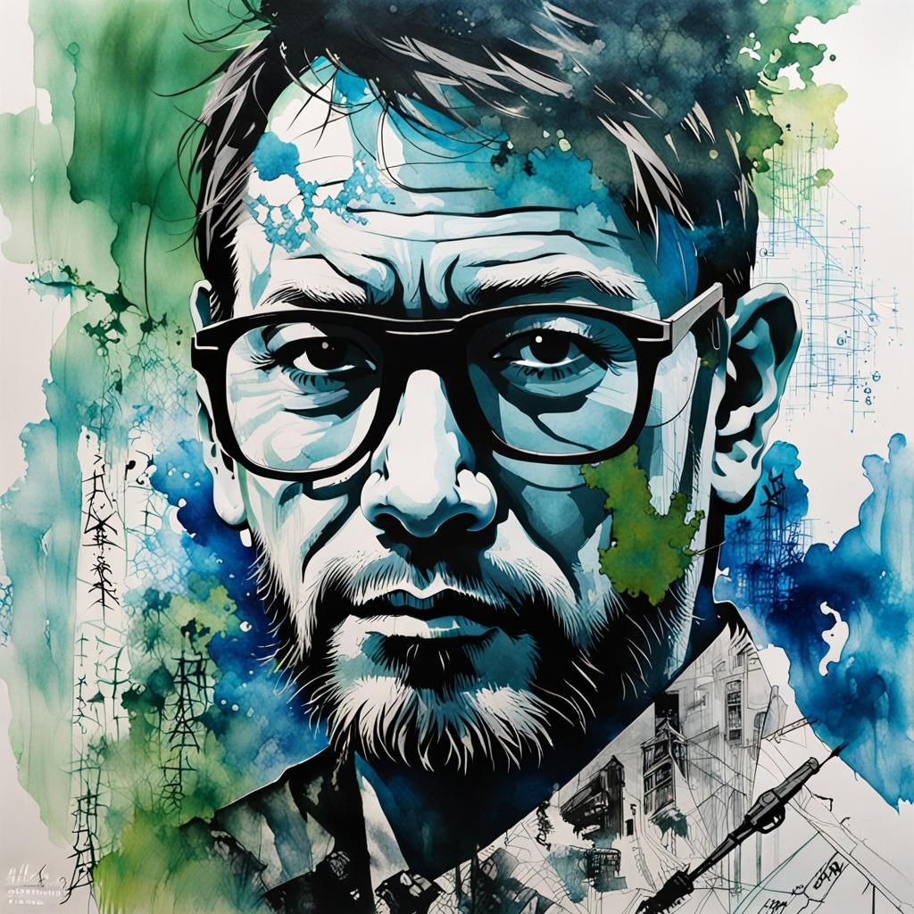 Double Exposure Portrait in Watercolor Style