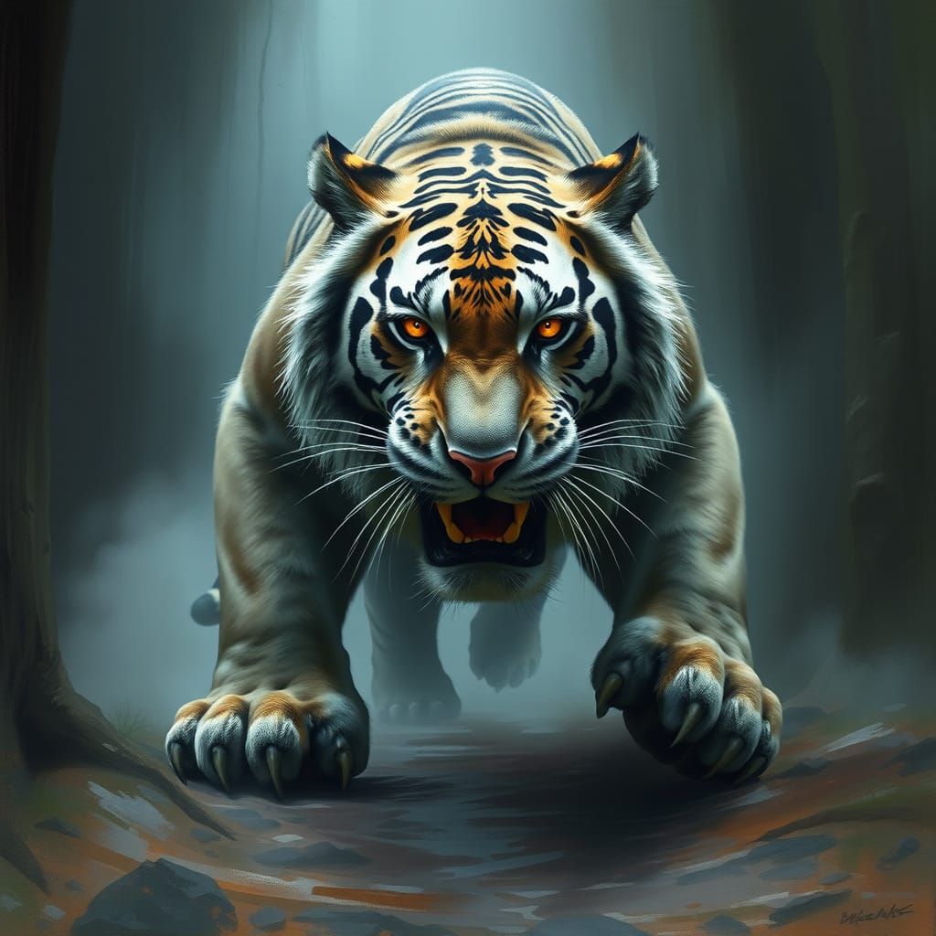 Majestic Sabertooth Tiger Emerges from Prehistoric Forest in...