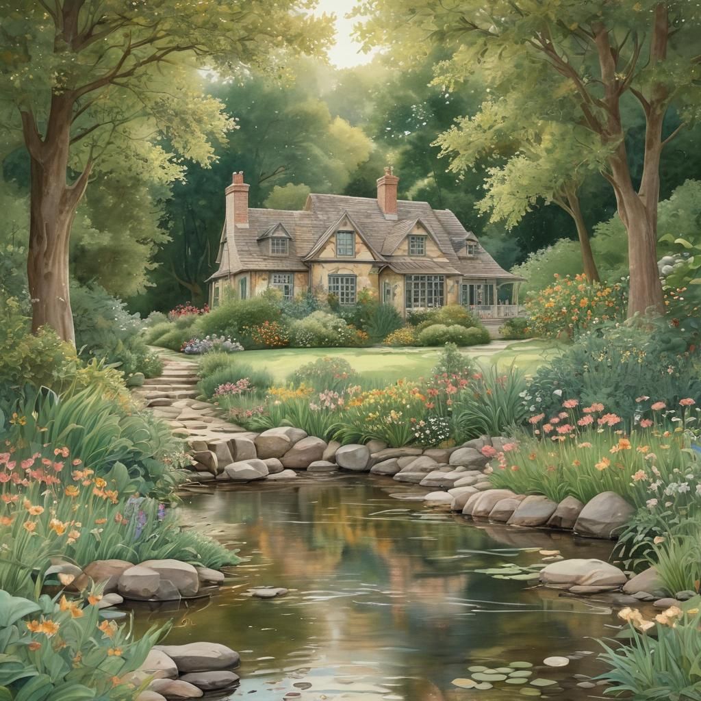 Idyllic Dream House by Stream in Watercolor Style