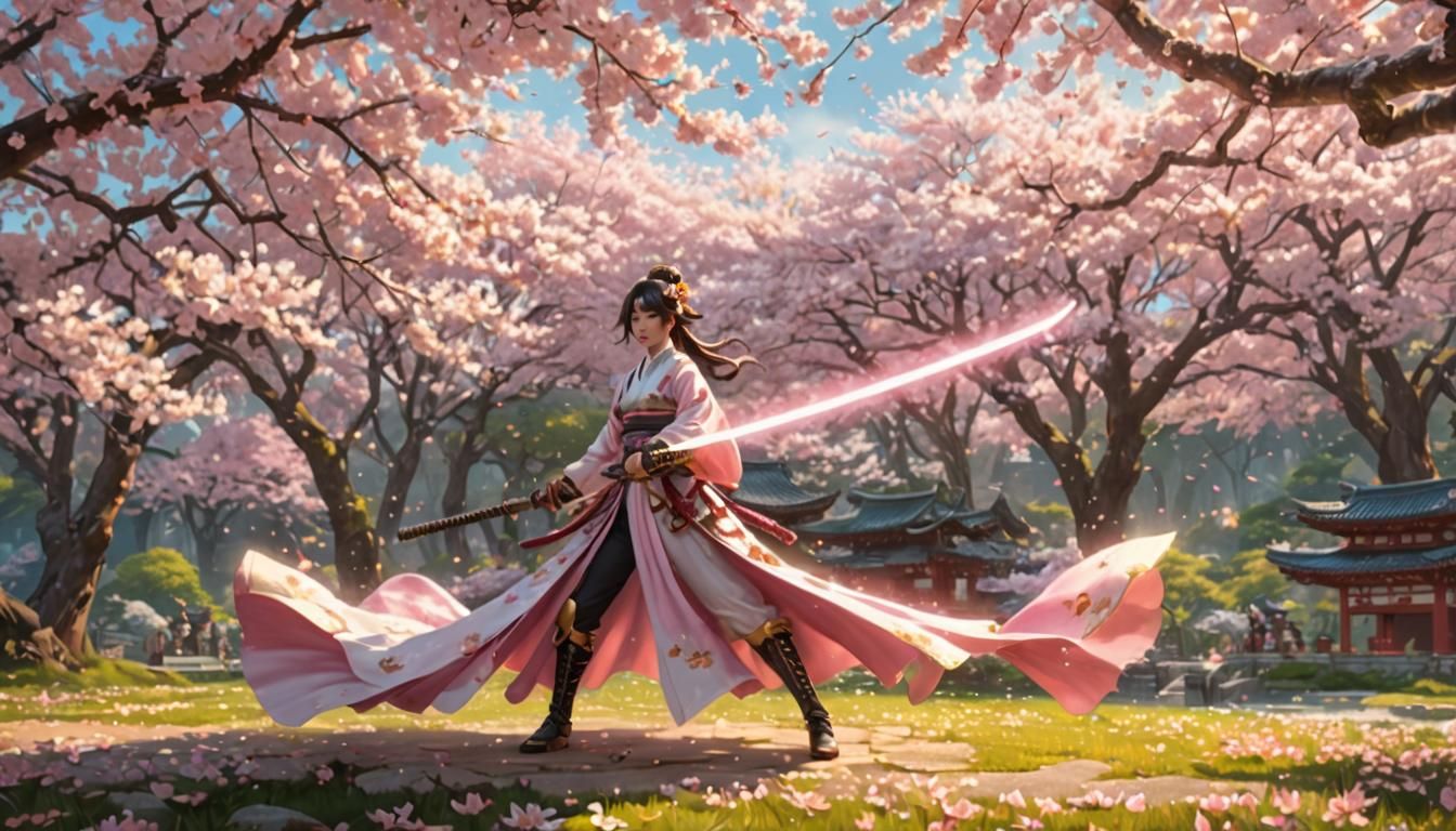 Anime Samurai Woman in Cherry Blossom Garden