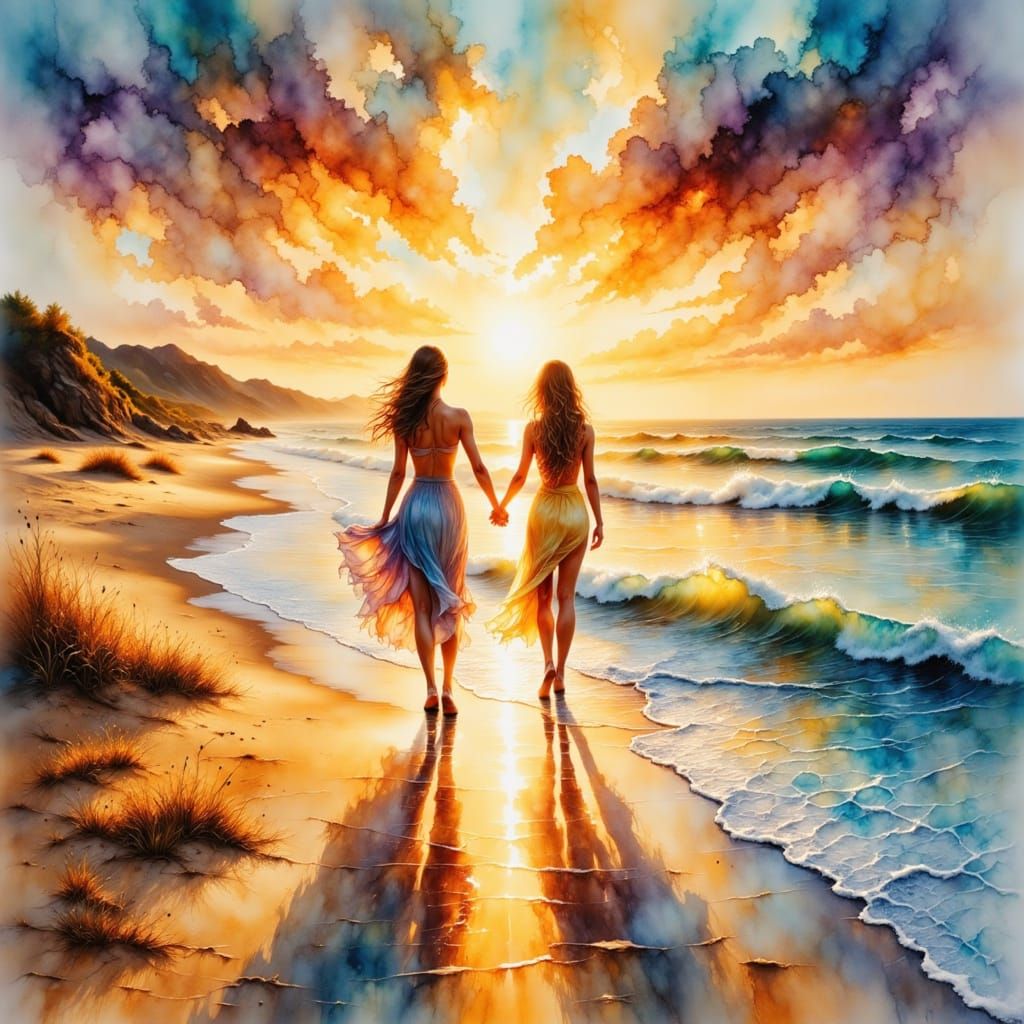 Couple Walking on Beach at Sunset in Watercolor Style