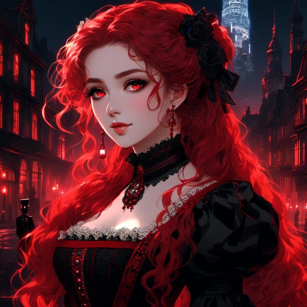 Sinister Redhead in Glitchcore Victorian Nightscape