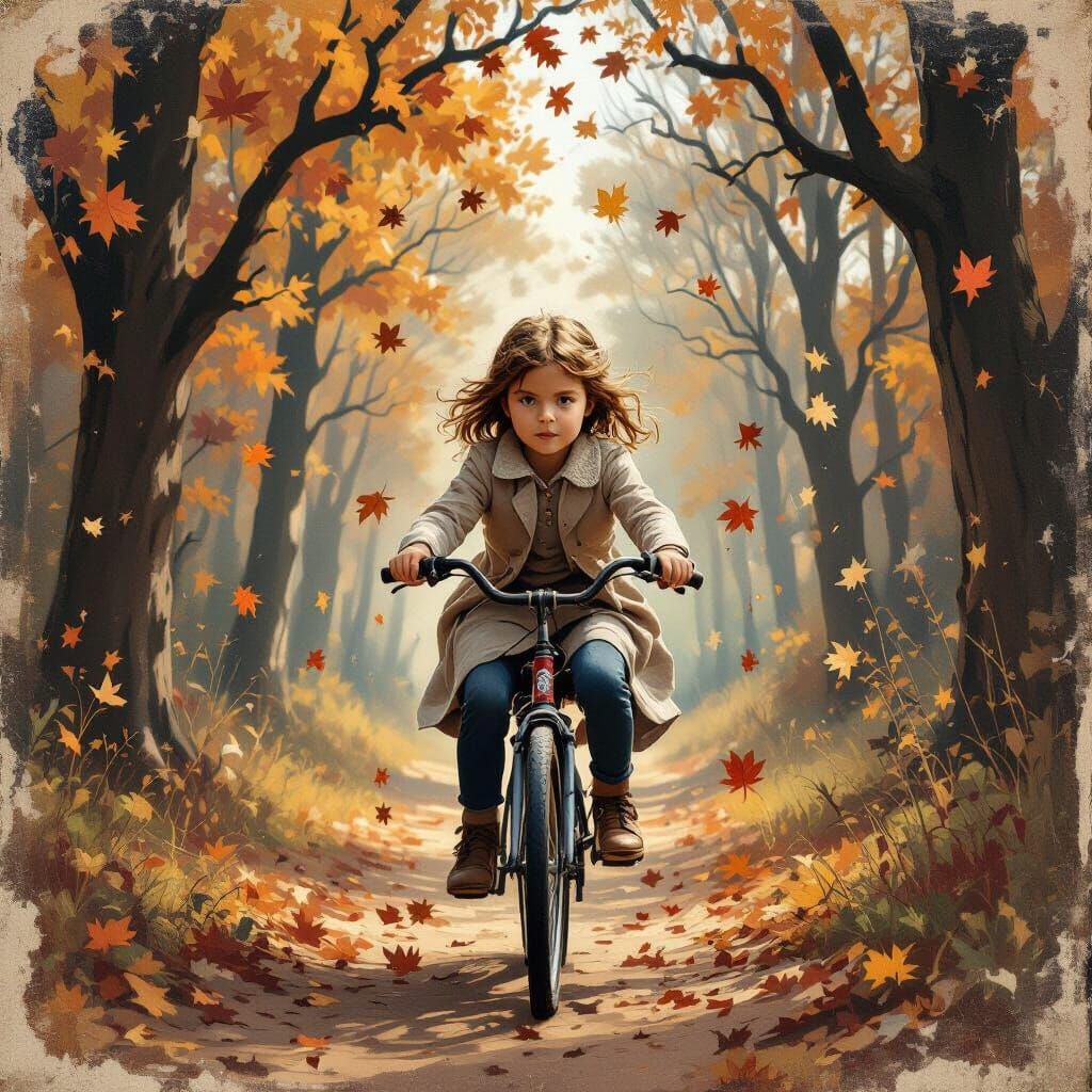 Girl Rides Bicycle Through Forest, Vintage Impasto Style