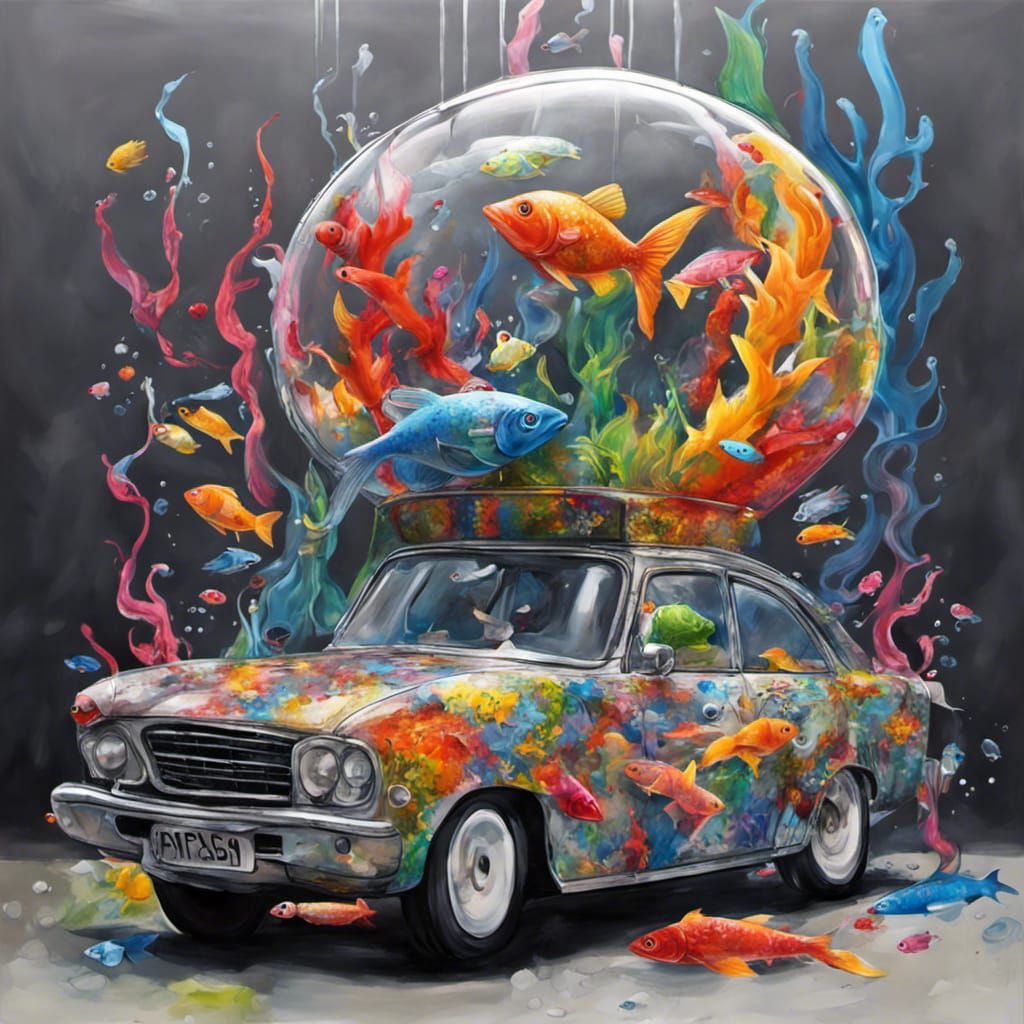 Glass Car Aquarium in Graffiti Splash Art Style