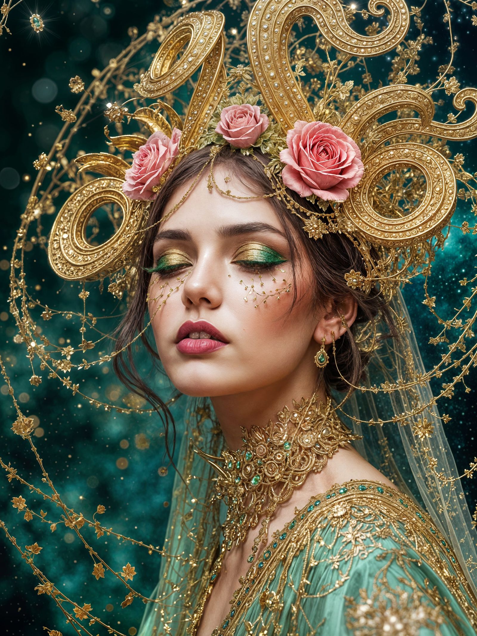 Regal Figure with Golden Headdress and Roses