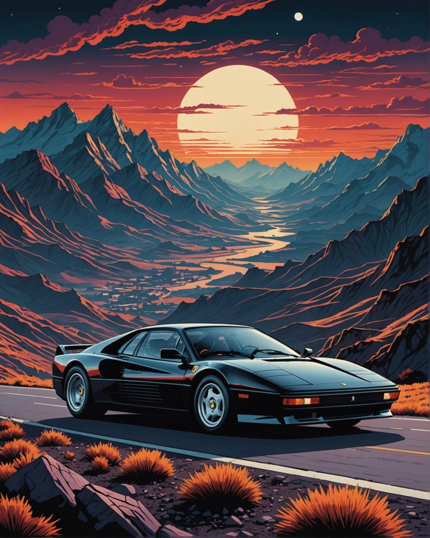 Psychedelic Ferrari Testarossa in Maximalist Comic Style