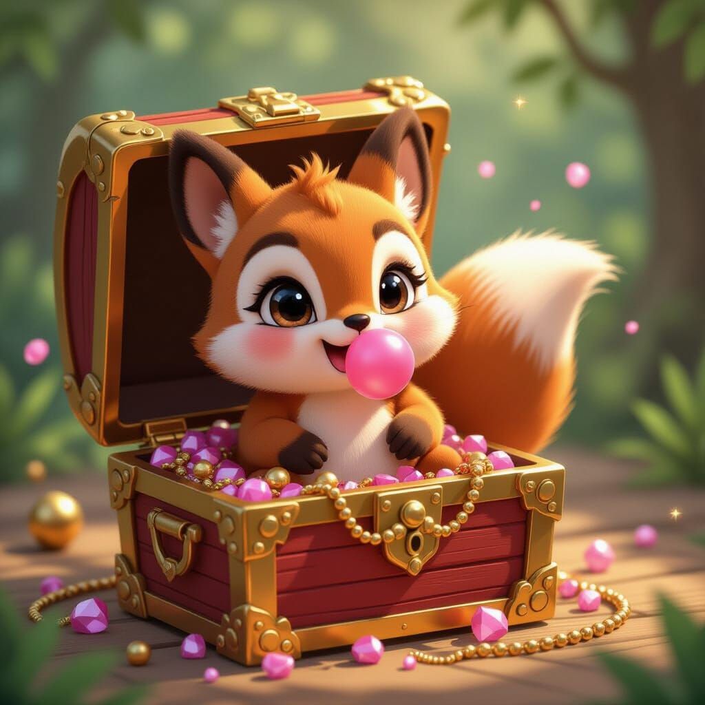 Squirrel in Treasure Chest with Bubblegum, 3D Anime Art
