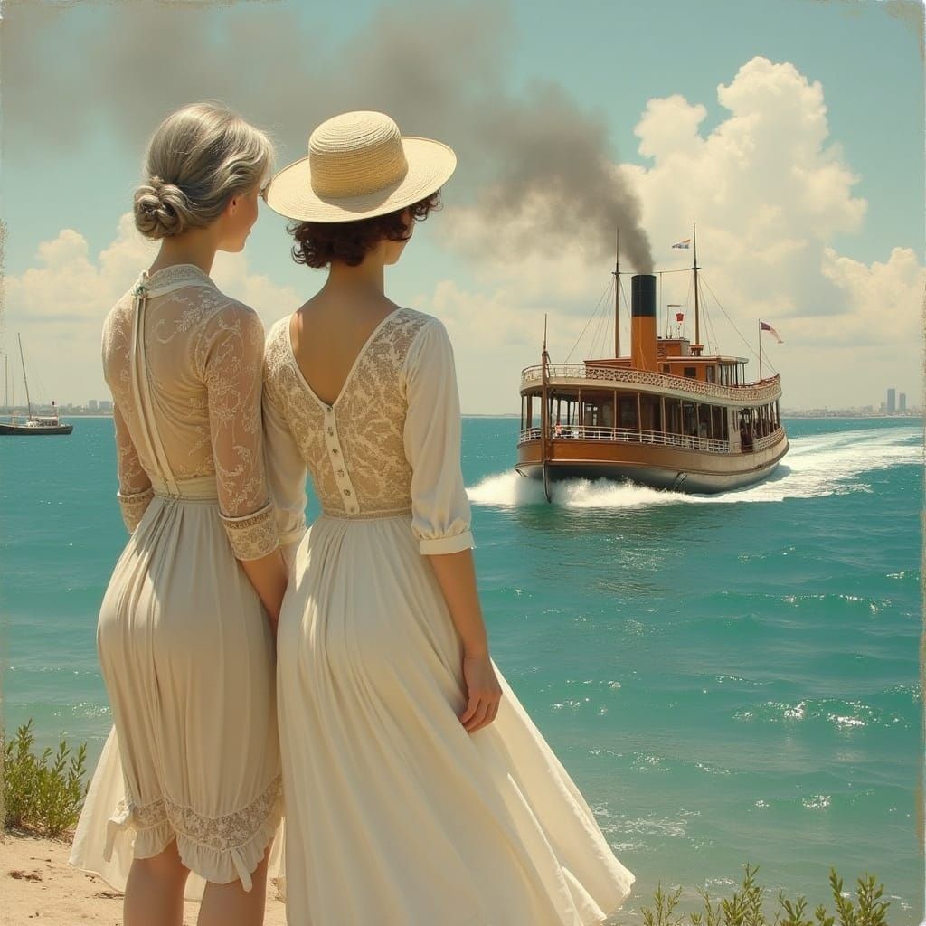 Edwardian Women Gaze Out at Vintage Excursion Boat on Lake M...