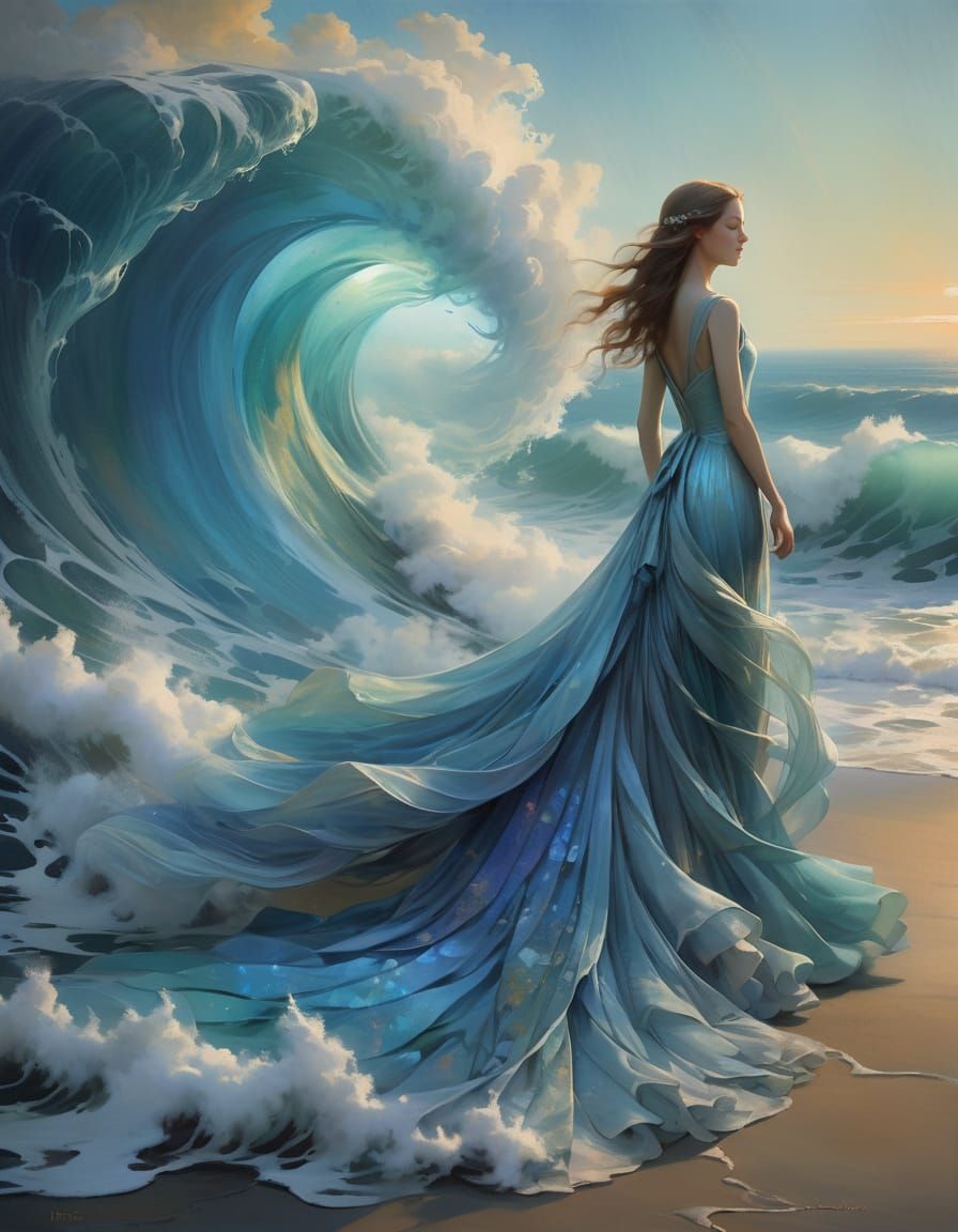 Ethereal Goddess Transforms into Ocean Wave in Dreamy Symbol...
