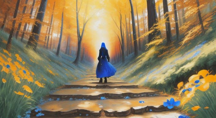 Ghost Girl in Enchanted Forest with Blue Poppies