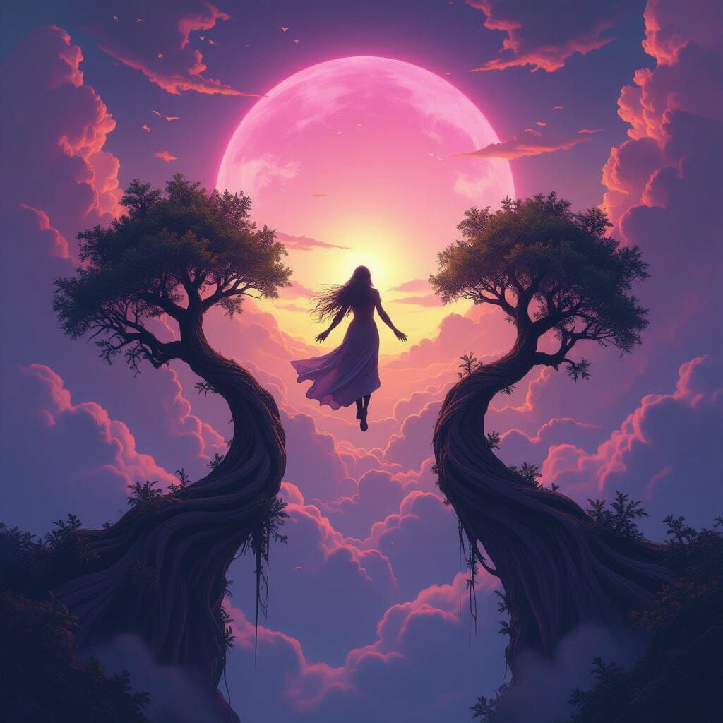 Fairy Being Ascends Towards Pink Sky in Dark Fantasy Art