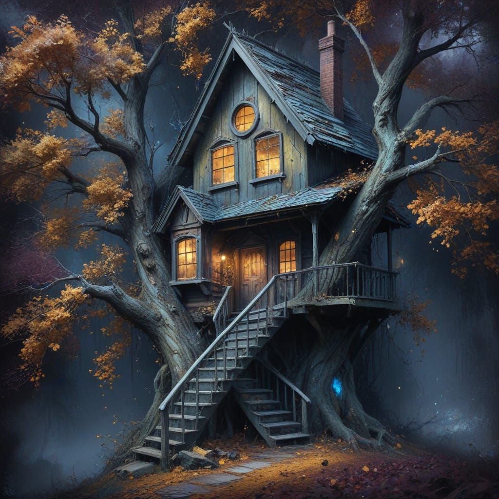 Mystical Abandoned Tree House in Soft Grunge Hues
