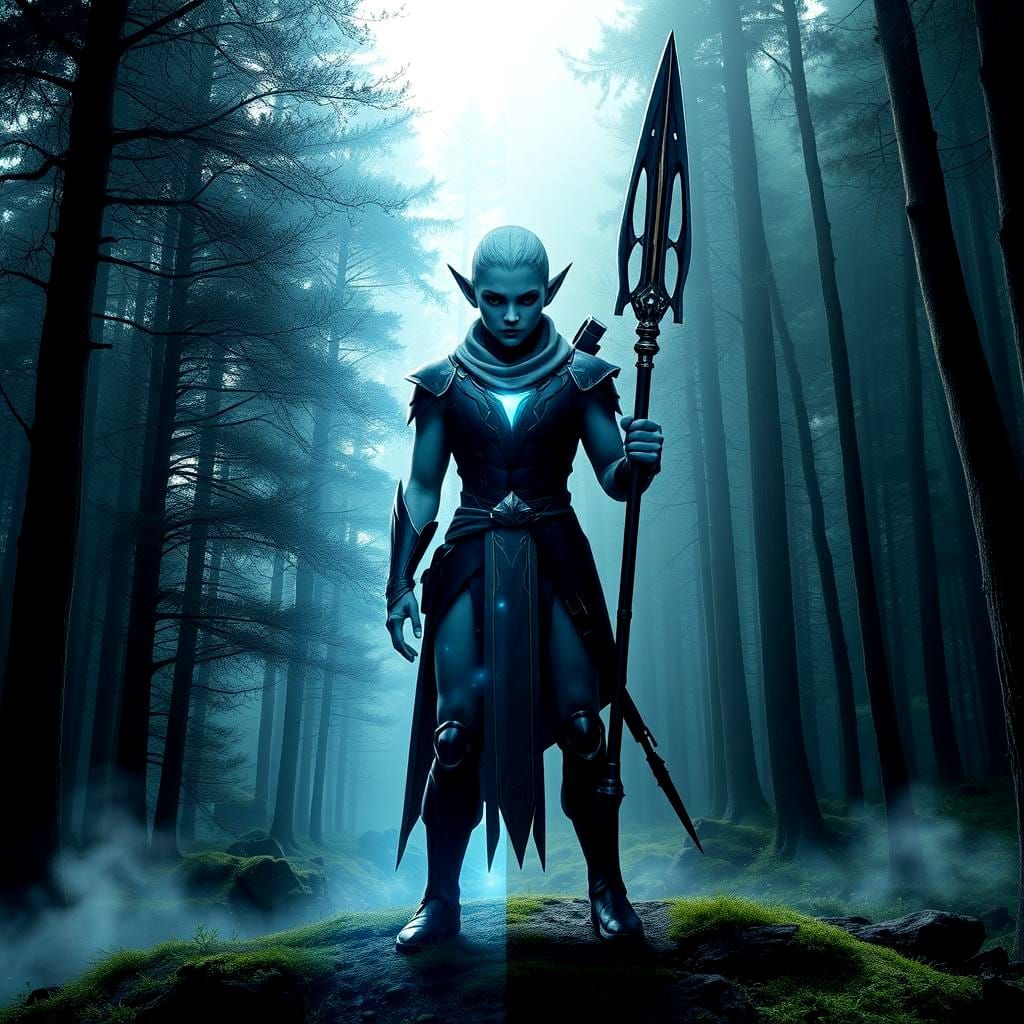 Elf Between Ethereal and Sci-Fi Forest Worlds