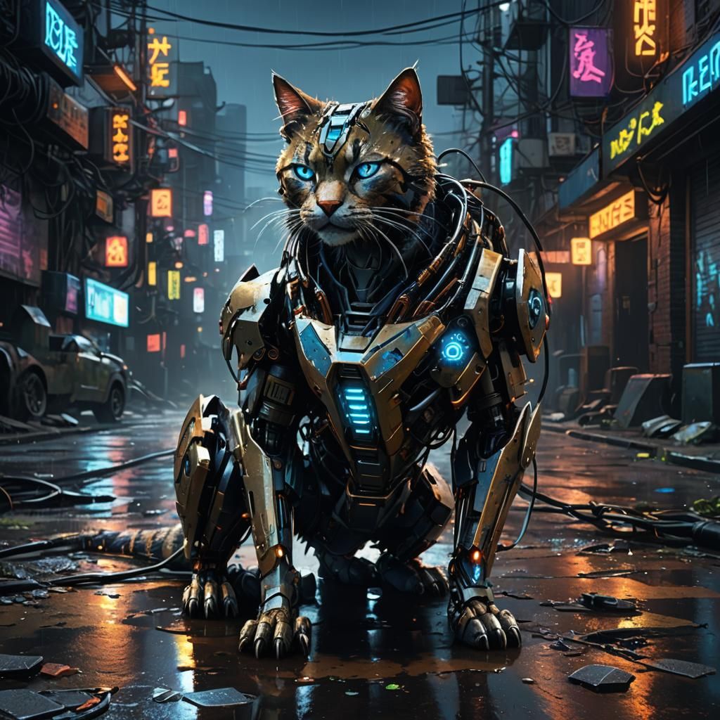 Cyberpunk Robot Cat Lying on a Dark, Wet Street