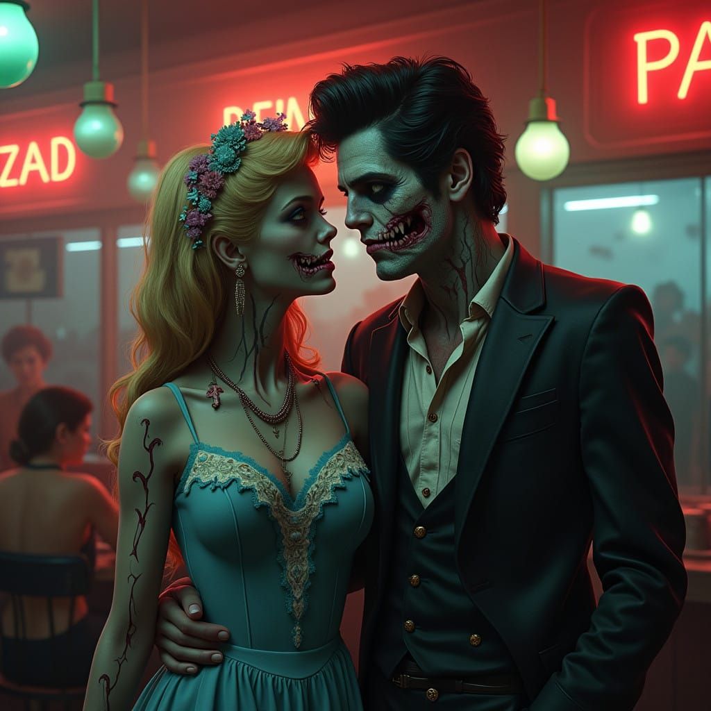 Zombie Sandy and Danny in 1950s Malt Shop Apocalypse