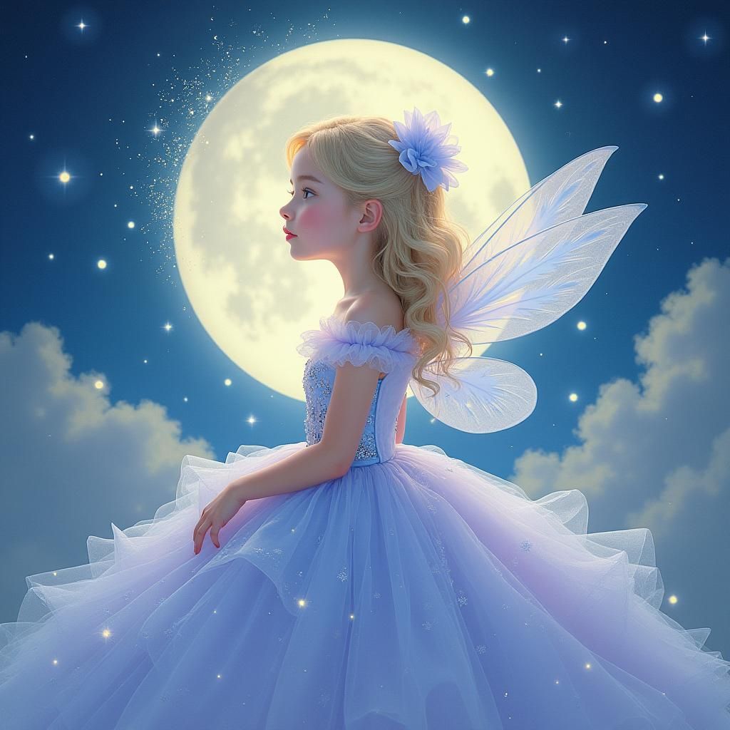 Ethereal Fairy in Moonlit Dreamscape with Sparkling Stars