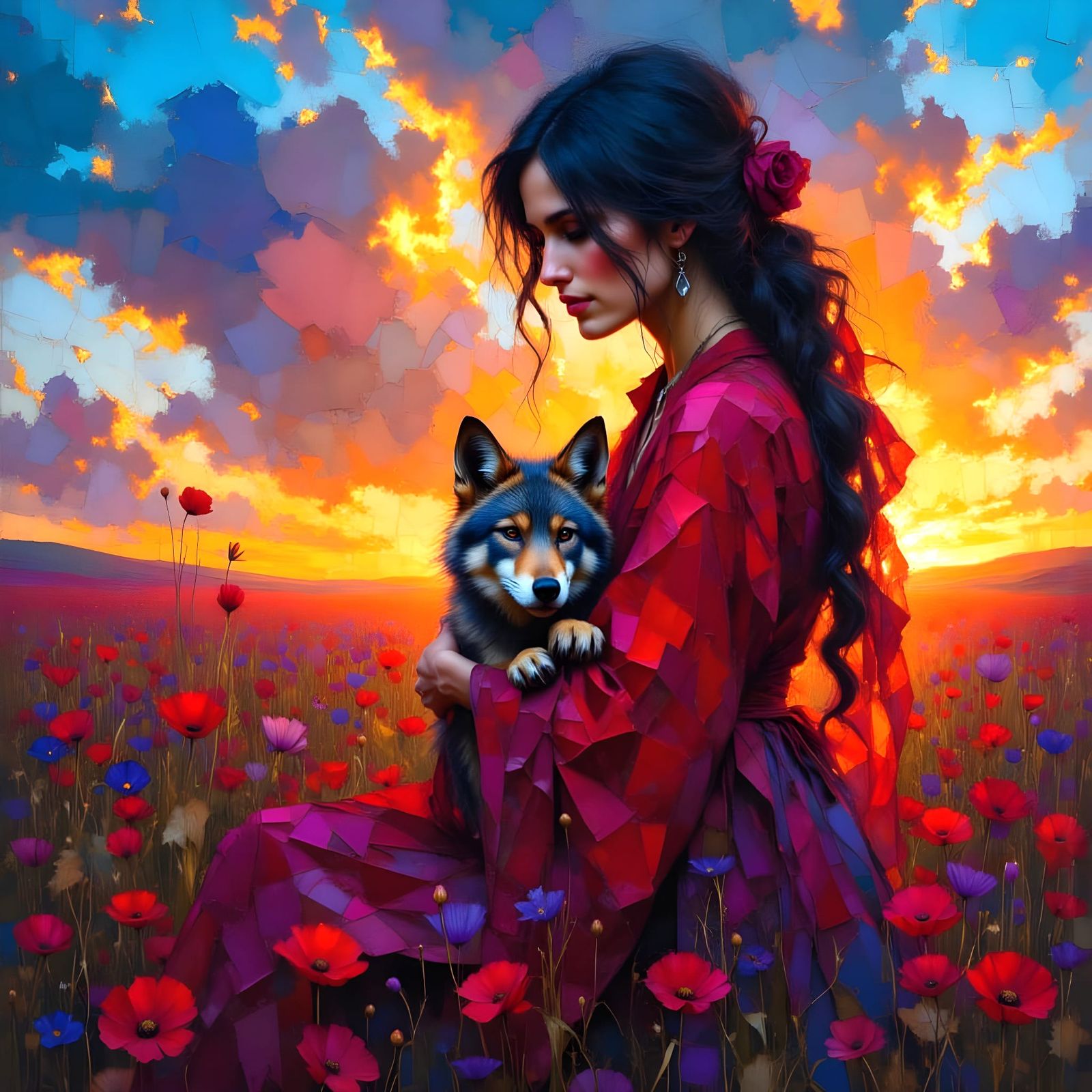 Bedouin Woman and Wolf Pup: Hyperdetailed Oil Painting