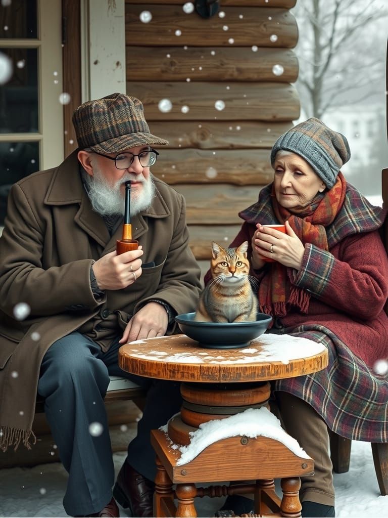 Cozy Porch Scene with Elderly Couple and Cat