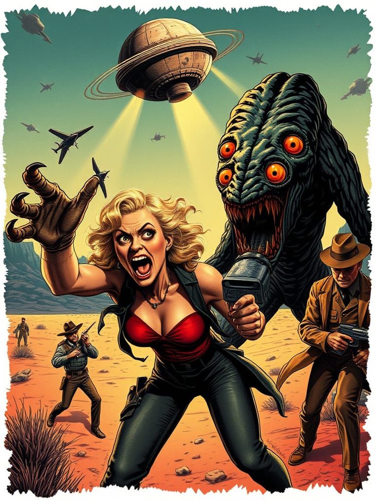 Monster Attack in Desert Twilight with Asteroid