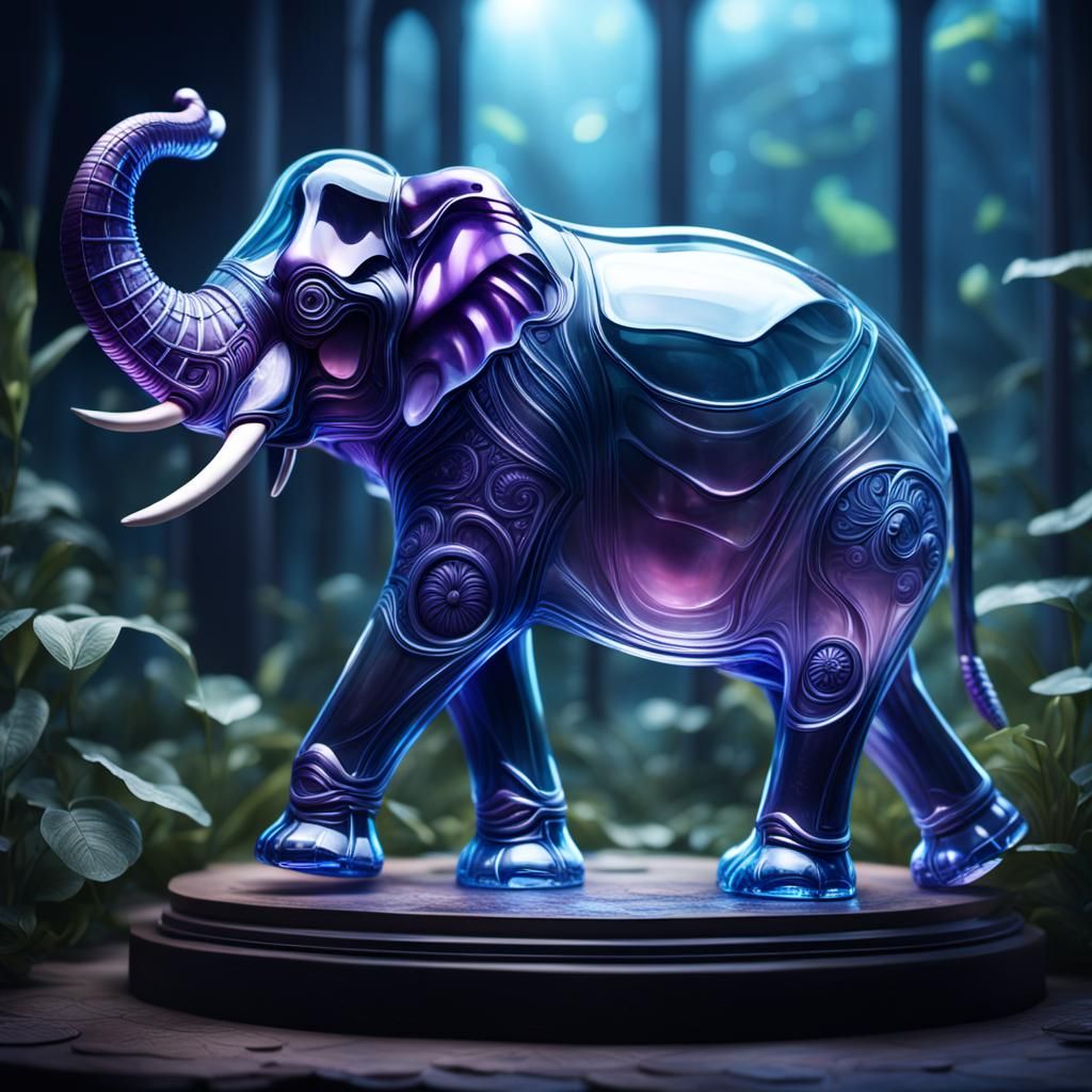 Luminescent Glass Elephant in a Digital Painting