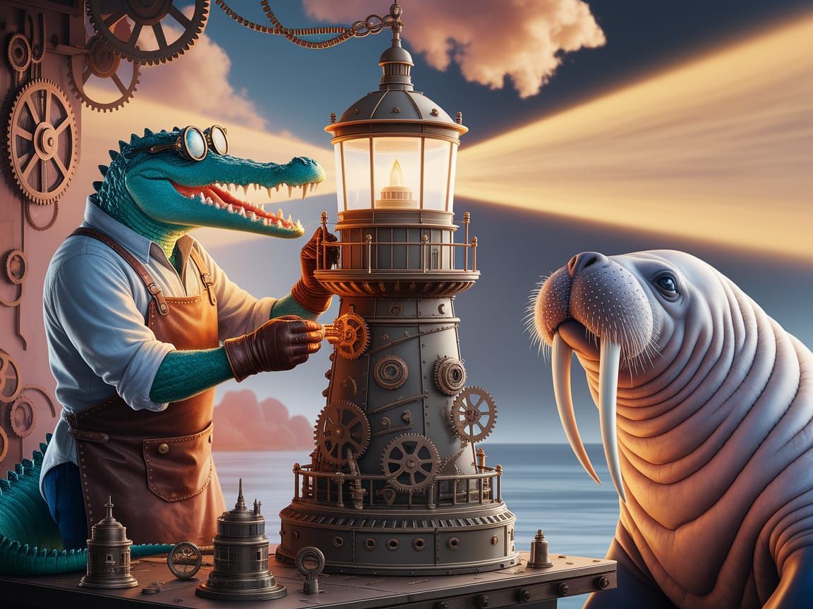 Steampunk Crocodile Mechanic Repairs Lighthouse